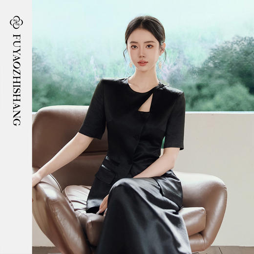 FUYAO扶摇直上 不费力优雅感黑色两件套女夏醋酸西装半身裙旗袍风 商品图0