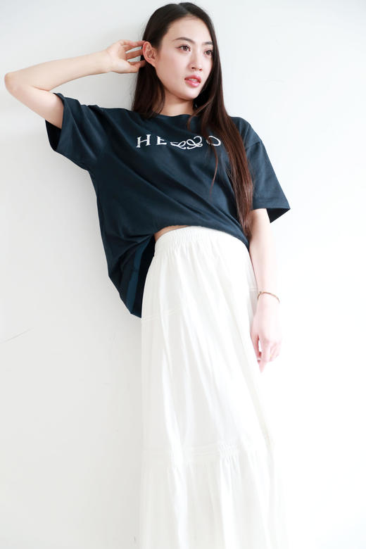 设计师手搓tee，横标字母工艺。靛蓝印花宽松针织混纺t恤E032160 商品图0