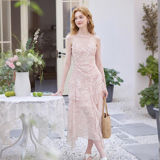 西遇双层荷叶边2026春季新款不规则飘带提花吊带长裙显瘦连衣裙H0060202 商品图2