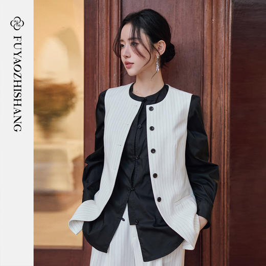 FUYAO扶摇直上 staycation老钱风白色西装外套女新中式西服套装夏 商品图3