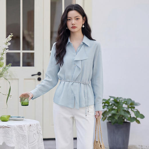 西遇法式气质慵懒风2026春季新款蓝色荷叶边长袖衬衫宽松显瘦衬衣H0060201 商品图2
