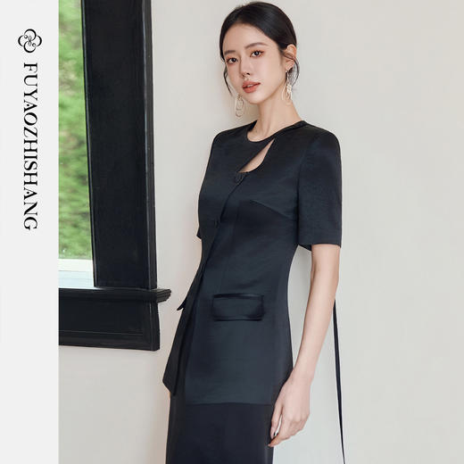 FUYAO扶摇直上 不费力优雅感黑色两件套女夏醋酸西装半身裙旗袍风 商品图3
