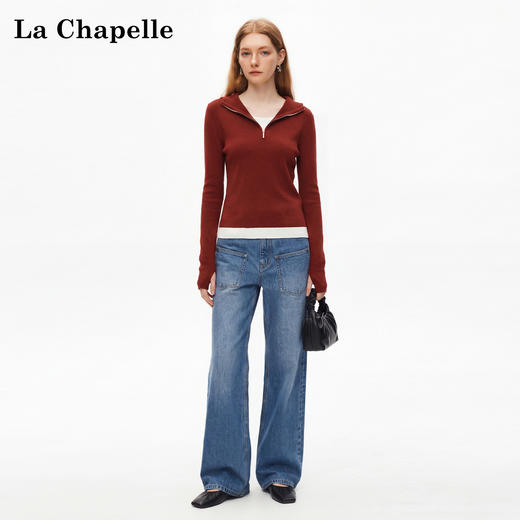 天猫同步【复古明艳港风】拉夏贝尔/La Chapelle连帽半拉链撞色拼接假两件针织衫修身显瘦打底衫内外搭 商品图1