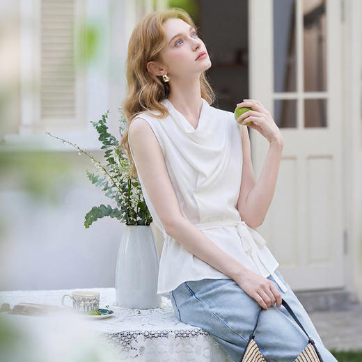 西遇韩版设计感荡领2026年春夏季新款女百搭纯色凉感无袖上衣衬衫H0060197 商品图2