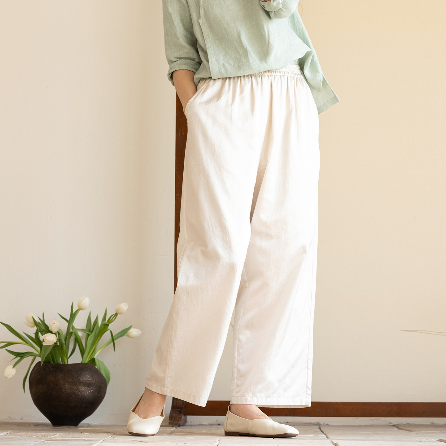 牧衣游原创 重磅丝棉净色裤子新款宽松显瘦松紧腰百搭休闲裤 拾仪