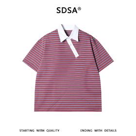 SDSA男装2026新款轻奢美式撞色条纹翻领短袖T恤斜纽扣设计百搭