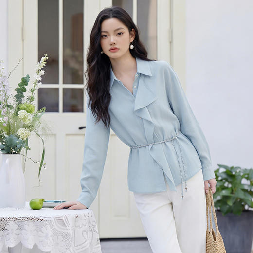 西遇法式气质慵懒风2026春季新款蓝色荷叶边长袖衬衫宽松显瘦衬衣H0060201 商品图0