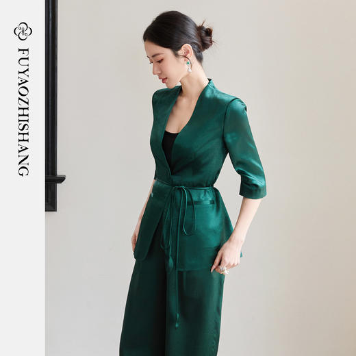 FUYAO扶摇直上 极简浪漫墨绿色西装套装女夏季七分袖轻奢醋酸西服 商品图4