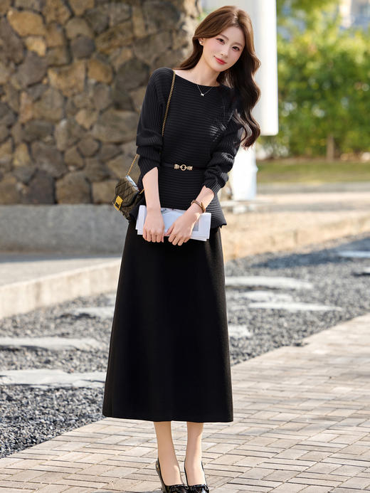 春季新款气质圆领收腰显瘦长袖针织衫半裙两件套配腰带YF2703 商品图1