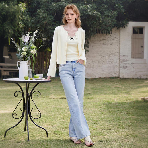 西遇甜美蝴蝶结2026春新款结蕾丝拼接吊带背心长袖针织两件开衫H0060192 商品图1