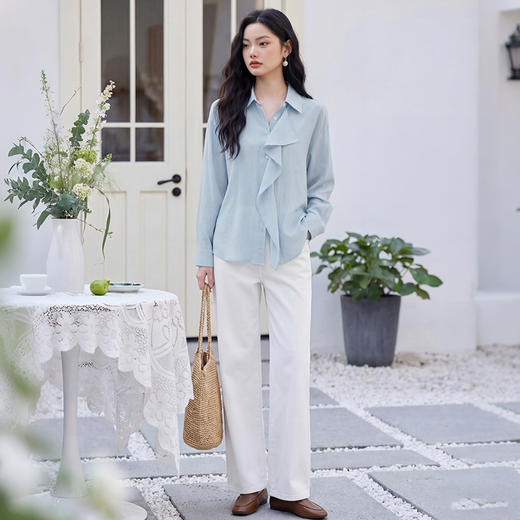 西遇法式气质慵懒风2026春季新款蓝色荷叶边长袖衬衫宽松显瘦衬衣H0060201 商品图1