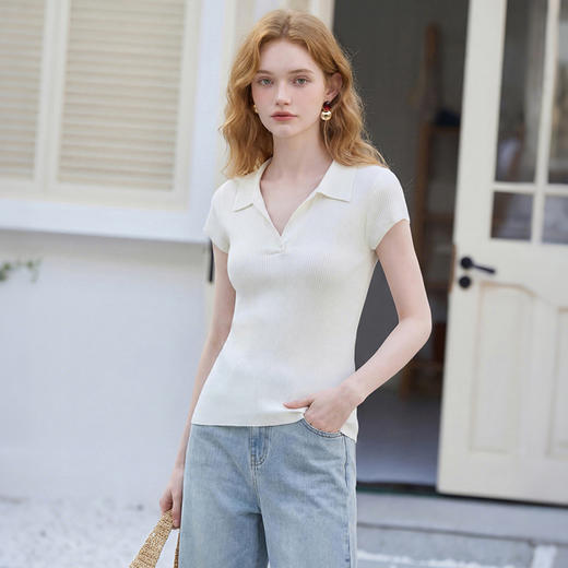 西遇淑女风法式2026春季新款简约POLO领女修身短袖T恤时尚上衣H0060193 商品图2