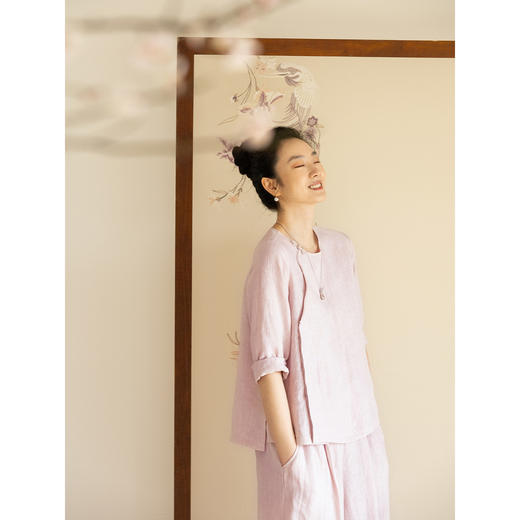 牧衣游原创 净色汉麻衬衫女新款轻薄柔软极简斜襟中式风衬衣 苍桧 商品图2