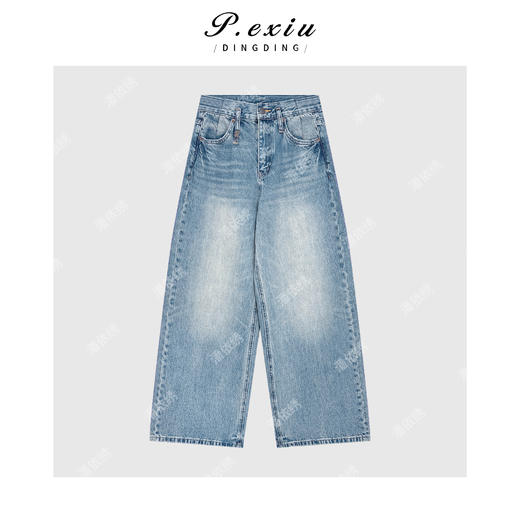 100%棉重工水洗做旧百搭腰头褶皱阔腿牛仔裤S88139 商品图1
