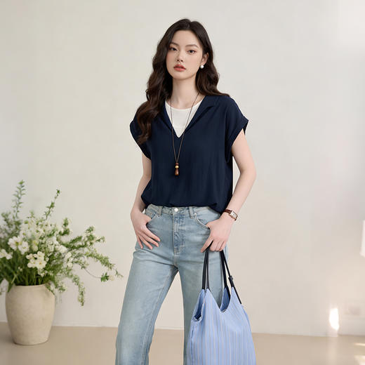 西遇蓝色短袖衬衫2026春季新品法式小衫撞色拼接衬衣女短袖上衣H0060198 商品图4