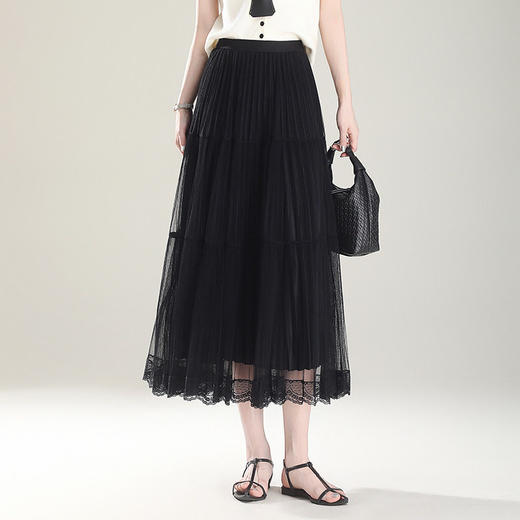 「自」全新升级【铂金会员137/天猫179/差价42】(00550)洛诗琳气质垂感网纱花边半身裙女2026夏季高腰显瘦百褶长裙 商品图1