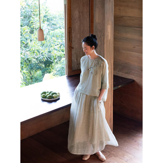 牧衣游原创 丝棉手工刺绣小衫女新款古朴禅意七分袖圆领上衣 素笺 商品图3