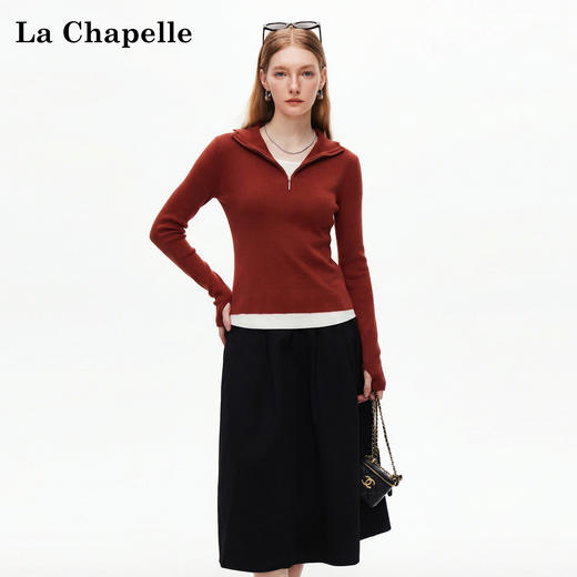天猫同步【复古明艳港风】拉夏贝尔/La Chapelle连帽半拉链撞色拼接假两件针织衫修身显瘦打底衫内外搭 商品图3
