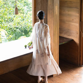 牧衣游原创 丝棉匹绣连衣裙女宽松文艺古朴气质中长款两件套 夏牧