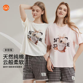 【7.5折限时特惠】【主推款】【秀黛】女圆领卡通图案短袖套装棉软糯垂坠蕾丝甜美女士夏季短袖睡衣家居服套装W2551063T【门店同款】
