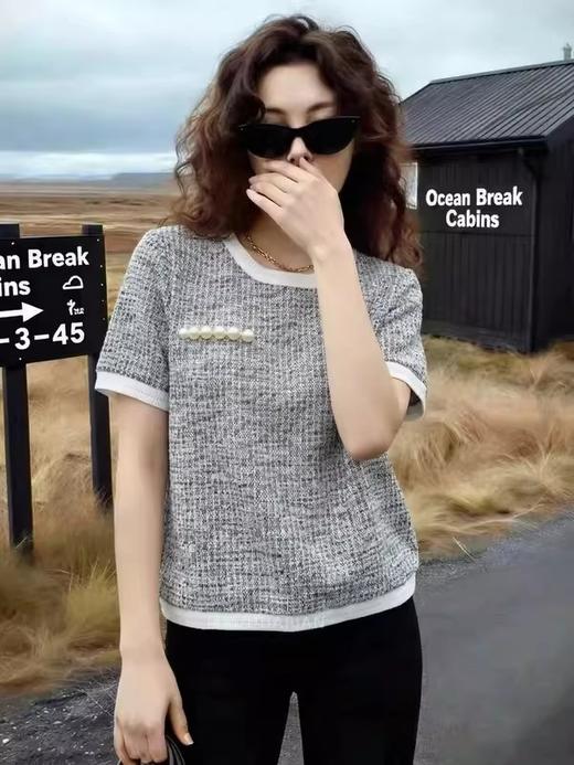 法式小香风肌理感浮雕钉珠拼色圆领短袖T恤 商品图9