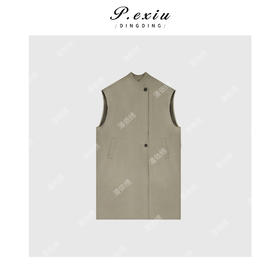 03-4潘依绣丁丁宠粉【栀子奶绿】小众设计立领无袖廓形风衣外套 J5570