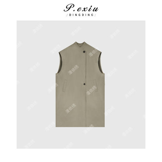 03-4潘依绣丁丁宠粉【栀子奶绿】小众设计立领无袖廓形风衣外套 J5570 商品图0