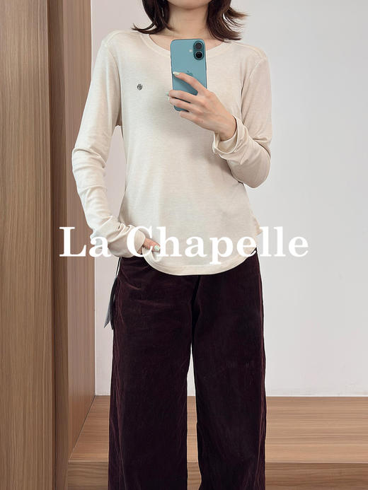 专柜实拍【莱赛尔+绵羊毛】拉夏贝尔/La Chapelle舒适好穿四色圆领字母标下摆弧形显瘦长袖T恤 商品图5