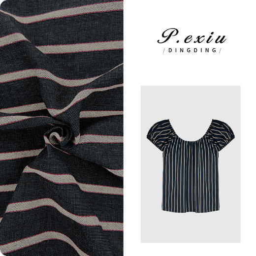 03-4潘依绣丁丁宠粉PanYiXiu/潘依绣100%棉韩系条纹泡泡袖减龄短袖衬衫 SH98112 商品图0