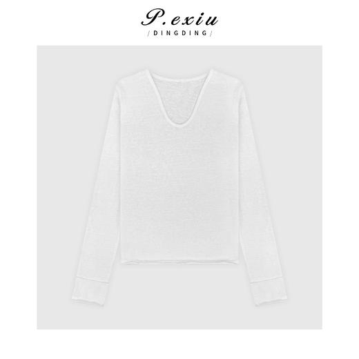 03-4潘依绣丁丁宠粉简约轻薄肌理感提花V领长袖T恤 W-63380 商品图1
