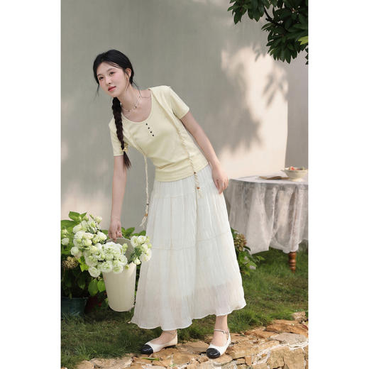 鹿向南「夏星茉屿」黄色圆领短袖T恤女夏季2026新款收腰短款上衣 商品图3