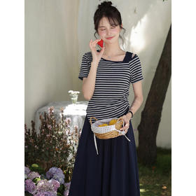 鹿向南「塞纳夏柠」小个子斜领条纹T恤女夏褶皱收腰显瘦短款上衣