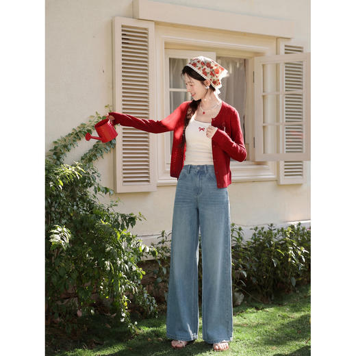 鹿向南「溪畔寻甜」蓝色牛仔裤女夏新款时尚百搭宽松直筒阔腿长裤 商品图1