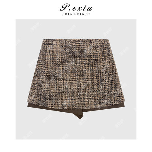 03-4潘依绣丁丁宠粉羊毛斜摆不规则气质小香风撞色格纹假两件半身裙M9120 商品图2