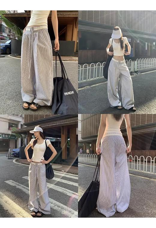 条纹元素花边腰头拼接设计感慵懒拖地裤 商品图6