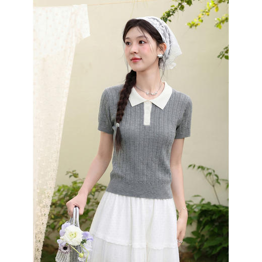 鹿向南「灰衫织语」气质感Polo领灰色针织上衣女夏季新款修身短袖 商品图4