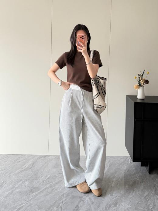 条纹元素花边腰头拼接设计感慵懒拖地裤 商品图7