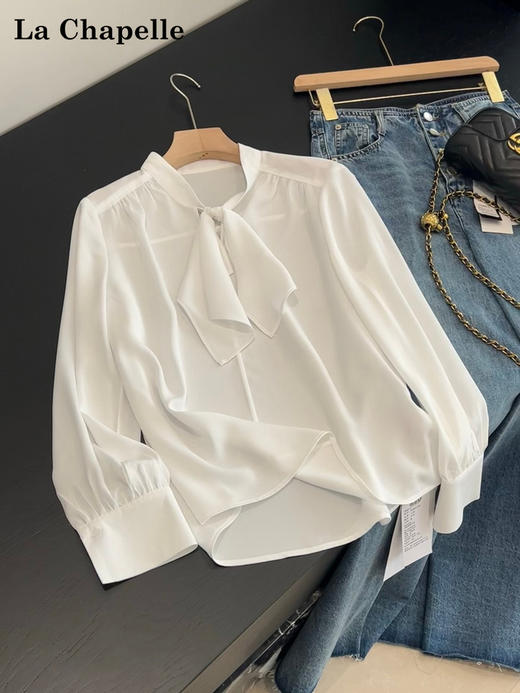 天猫同步【通勤/垂顺/优雅】拉夏贝尔/La Chapelle设计感气质显瘦宽松上衣法式绑带捏褶垂感长袖衬衫 商品图6