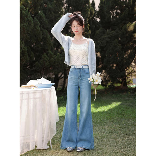 鹿向南「轻步蓝调」浅蓝色高腰直筒牛仔裤女夏季垂感显瘦微喇长裤 商品图1