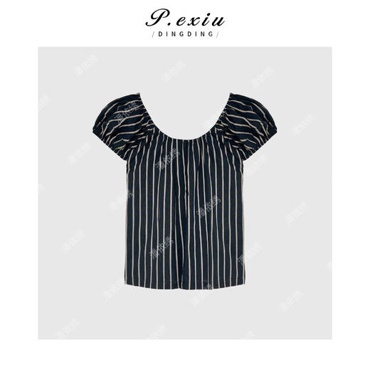 03-4潘依绣丁丁宠粉PanYiXiu/潘依绣100%棉韩系条纹泡泡袖减龄短袖衬衫 SH98112 商品图1