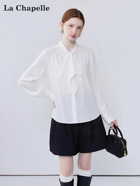天猫同步【通勤/垂顺/优雅】拉夏贝尔/La Chapelle设计感气质显瘦宽松上衣法式绑带捏褶垂感长袖衬衫