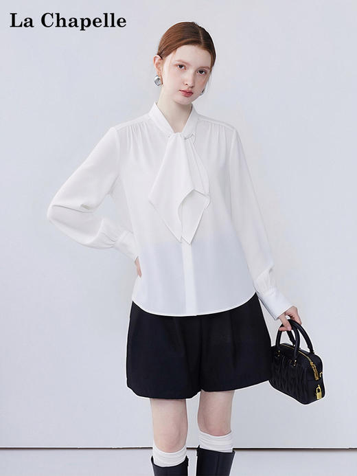 天猫同步【通勤/垂顺/优雅】拉夏贝尔/La Chapelle设计感气质显瘦宽松上衣法式绑带捏褶垂感长袖衬衫 商品图0