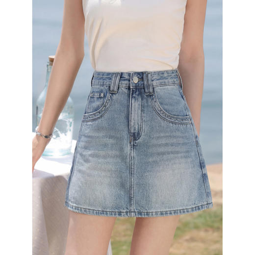 鹿向南「漫下歌语」小个子蓝色牛仔半身裙女夏季显瘦气质A字短裙 商品图4