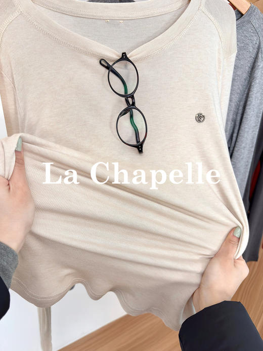 专柜实拍【莱赛尔+绵羊毛】拉夏贝尔/La Chapelle舒适好穿四色圆领字母标下摆弧形显瘦长袖T恤 商品图2