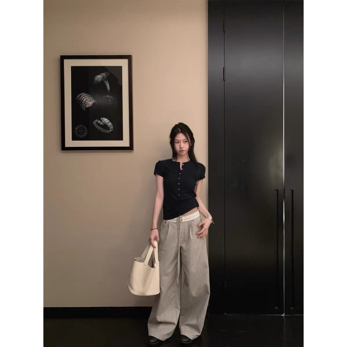 条纹元素花边腰头拼接设计感慵懒拖地裤