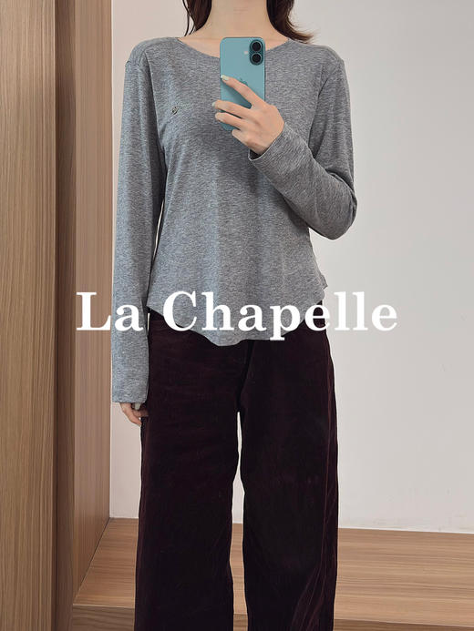 专柜实拍【莱赛尔+绵羊毛】拉夏贝尔/La Chapelle舒适好穿四色圆领字母标下摆弧形显瘦长袖T恤 商品图6