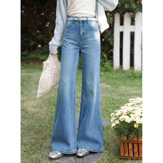 鹿向南「轻步蓝调」浅蓝色高腰直筒牛仔裤女夏季垂感显瘦微喇长裤 商品图0