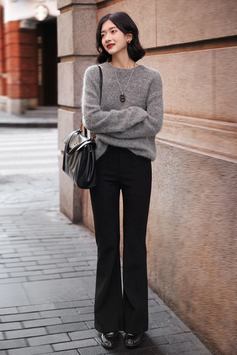 『弹弹裤』四面弹显瘦遮肉松紧腰微喇黑色长裤