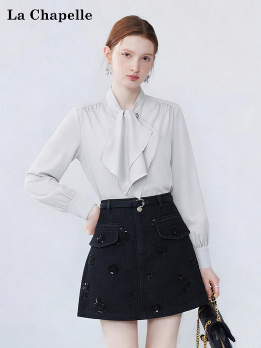 天猫同步【通勤/垂顺/优雅】拉夏贝尔/La Chapelle设计感气质显瘦宽松上衣法式绑带捏褶垂感长袖衬衫 商品图1