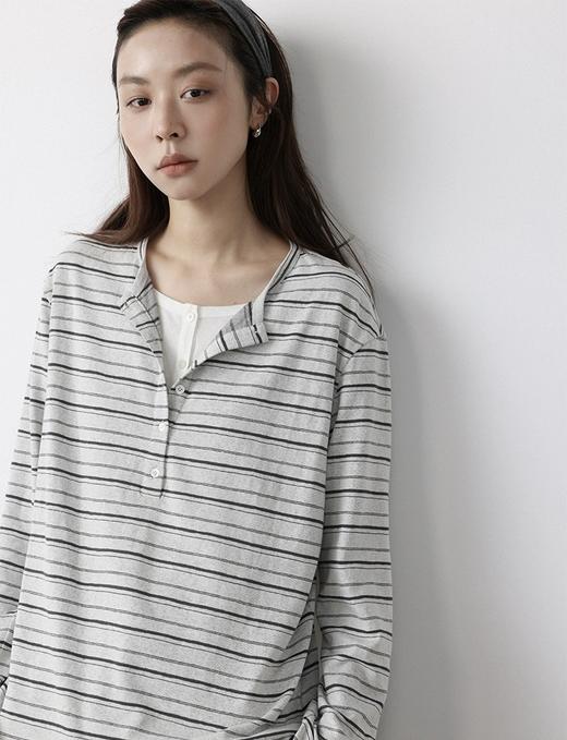 老米优品🎈预售7天！超显瘦！软fufu的春日触感~《假两件设计感半开襟条纹TEE》春天的松弛感，一件条纹T就够了🌿T260322A 商品图11
